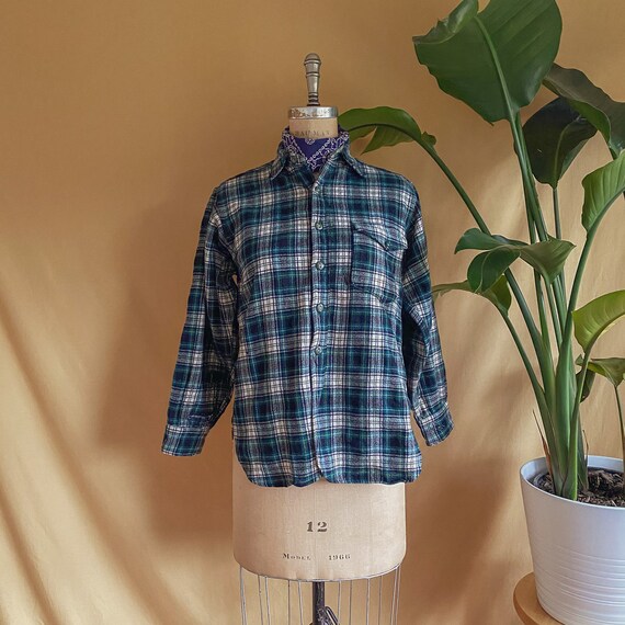 Vintage 1930s Green Plaid Wool Pendleton Button Up