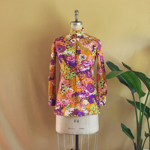 Vintage 1960s 1970s Psychedelic Floral Print Tunic