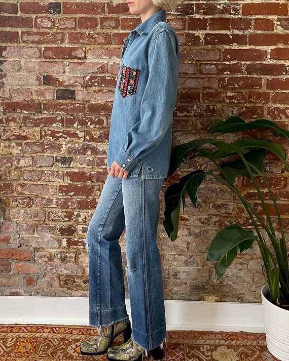Vintage 1970s Denim Pullover Folk Shirt - 70s Med… - image 3