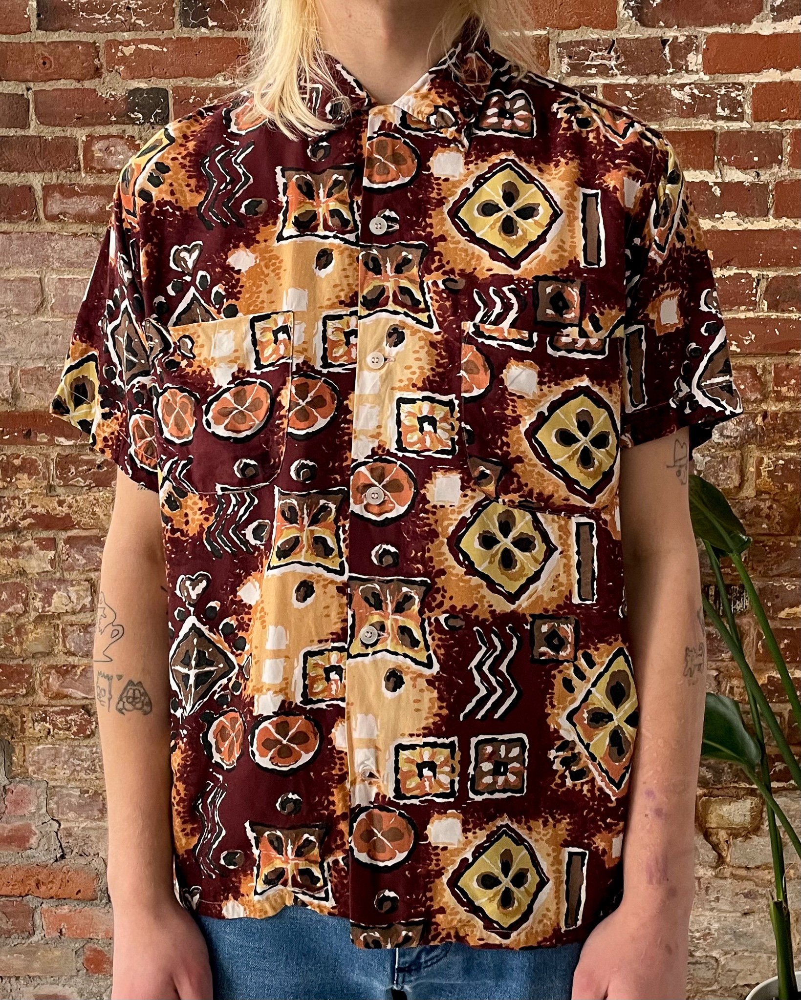 Vintage 1950s Rayon Hawaiian Shirt - 50s Brown Yellow Hand