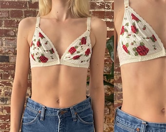 Vintage 1980s Fruit of the Loom Cream Rosette Bra - 80s Cream and Red Rose Stripe Satin Soft Cup Bra - Lace Back - Front Clasp - 32/34B