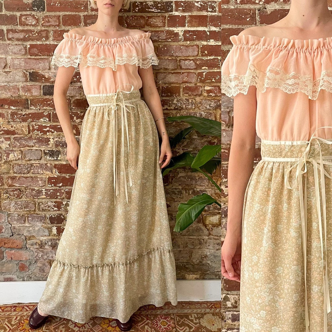 Vintage 70s Peach Floral off the Shoulder Prairie Dress - Small 26 ...