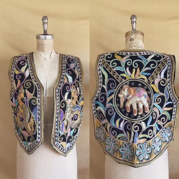 Vintage 1970s Embroidered Sequin Elephant Dragon V