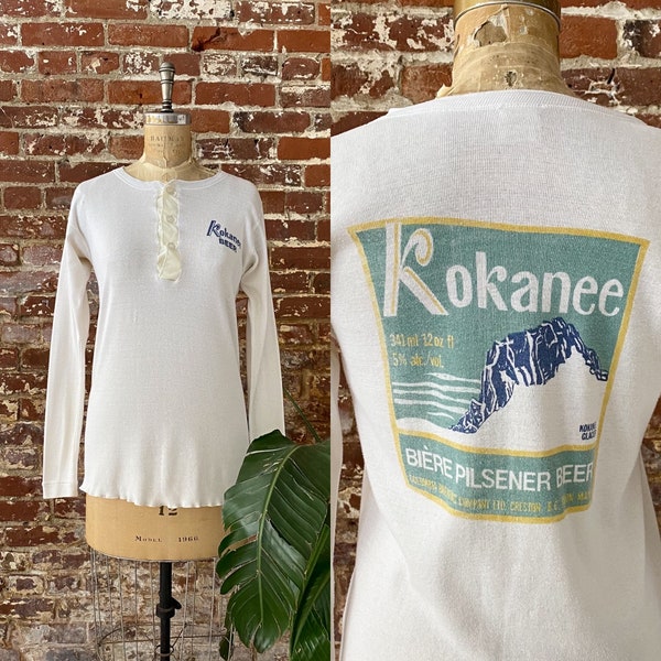 Vintage 1980s Kokanee Beer Henley T-shirt - 80s Ribbed Knit Pilsner Long Sleeve Henley - Made in Canada - Men's S/M Women's M/L