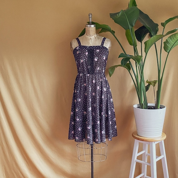 Vintage 1970s Black Rose Print Prairie Dress - 70s