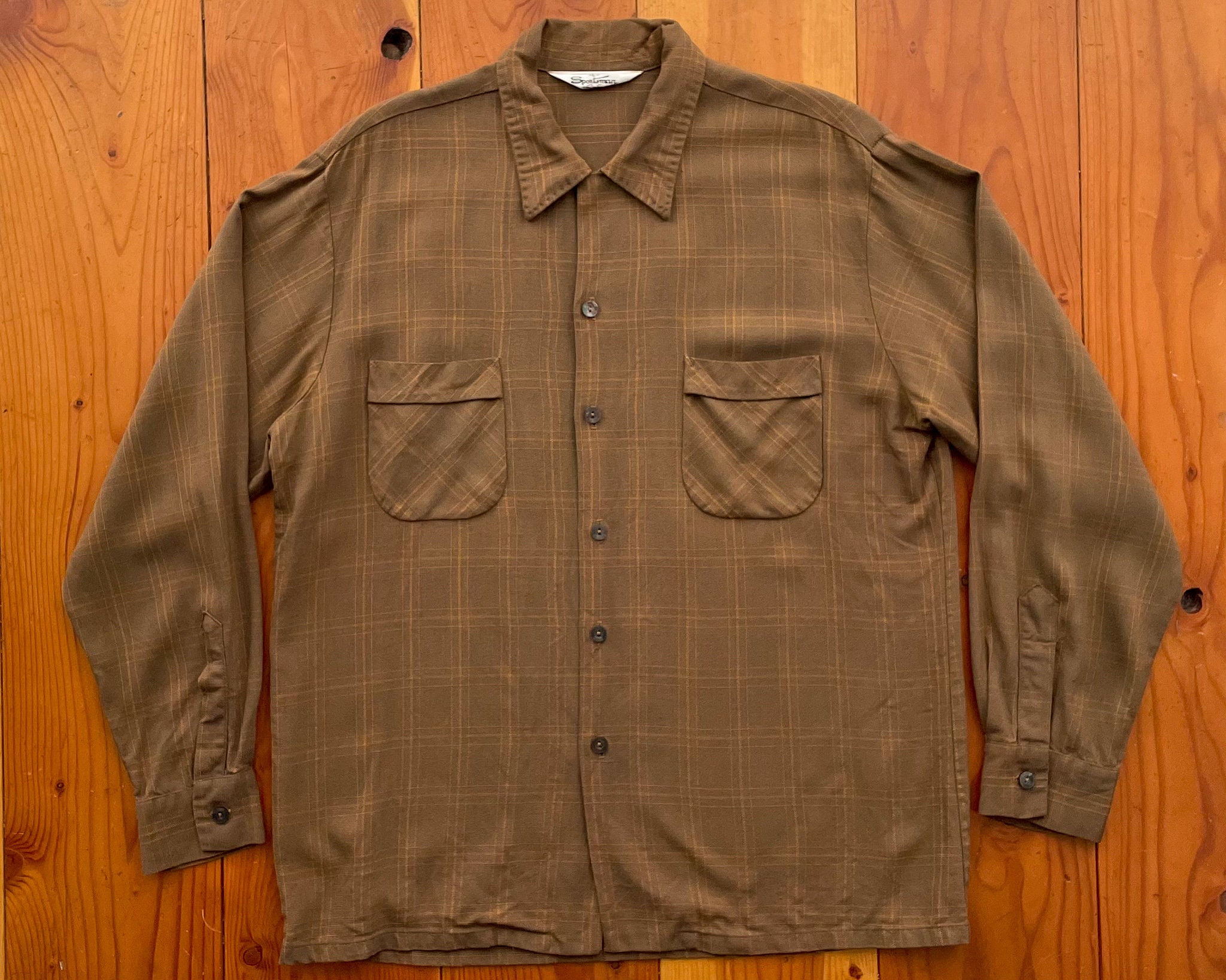 Vintage 1960s Sportsman Gabardine Plaid Rayon Shirt - 60s Brown 
