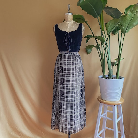 Vintage 1990s Black & White Sheer Plaid Maxi Skirt