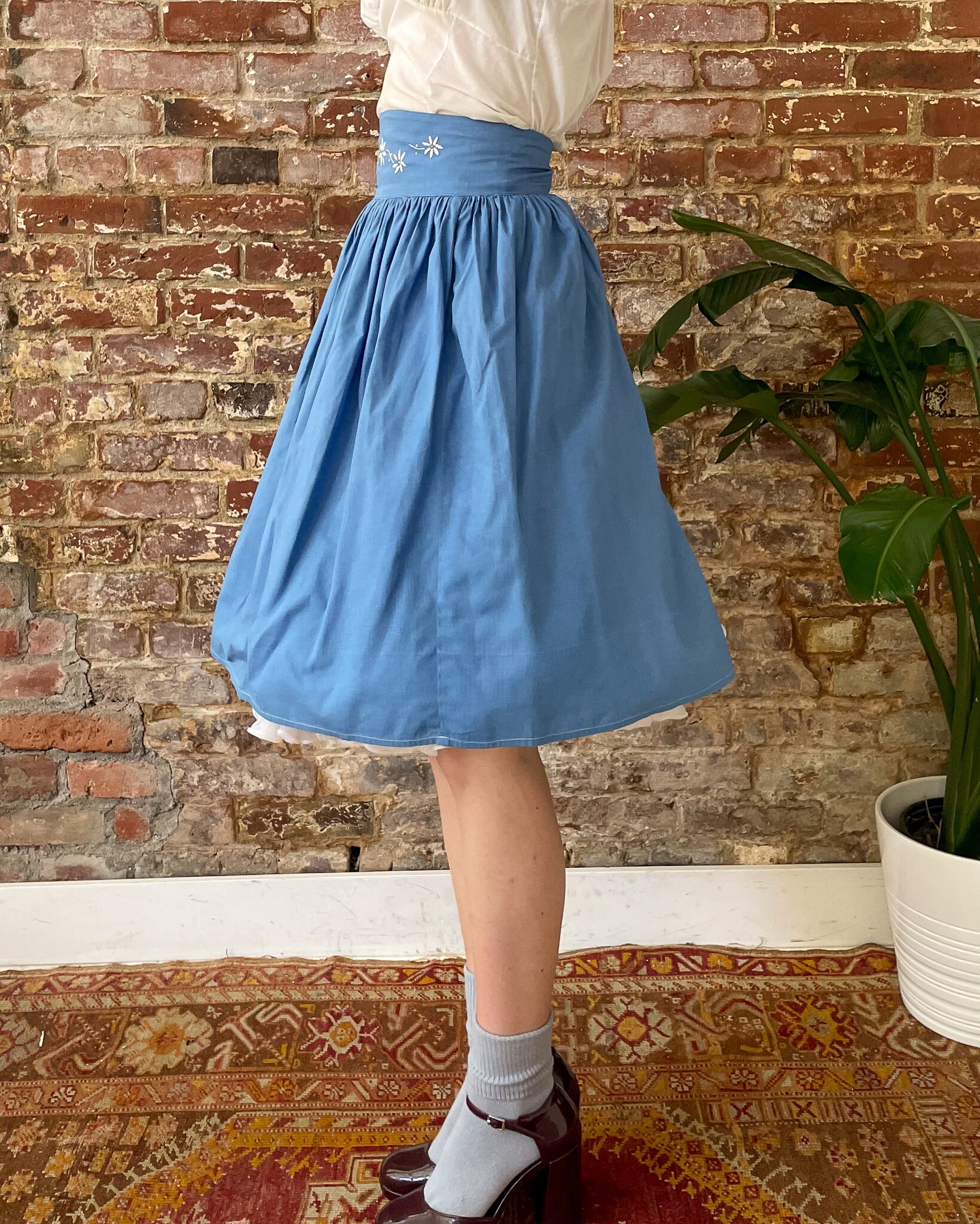 ヴィンテージ 40年代/50年代 ブルー 刺繍 コットン ボタンバック