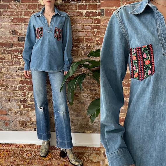 Vintage 1970s Denim Pullover Folk Shirt - 70s Med… - image 1