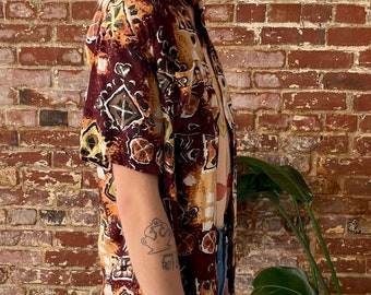 Vintage 1950s Rayon Hawaiian Shirt - 50s Brown Yellow Hand
