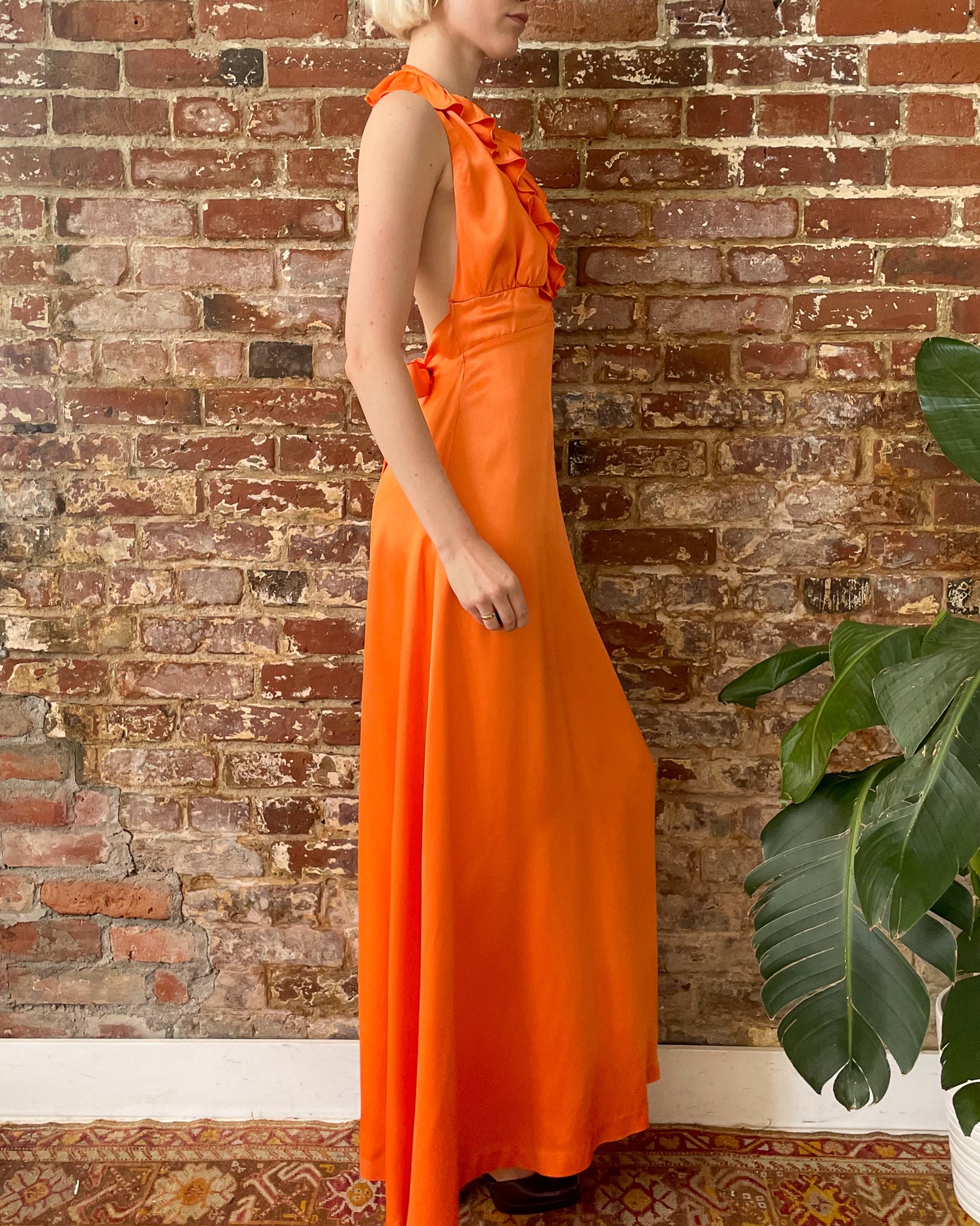 Vintage 1970s Orange Liquid Satin Ruffle Trim Halter Maxi