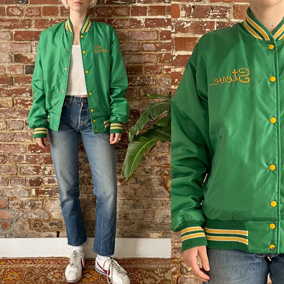 【vintage】 70s green USA製 active jacket Retro Satin Jacket USA Made Green Vintage 70s 80s Mens Large