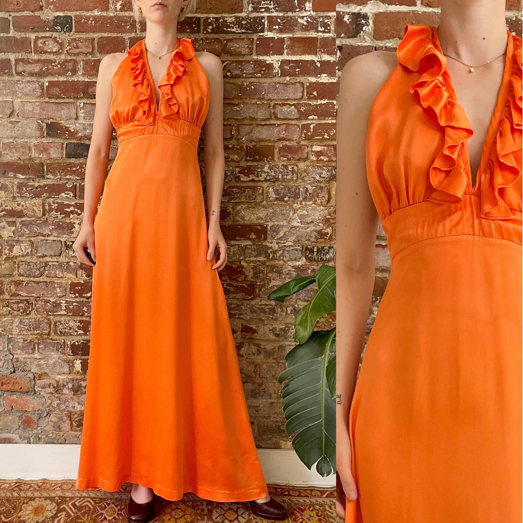 Vintage 1970s Orange Liquid Satin Ruffle Trim Halter Maxi Dress - 70s Tie  Back Waist Plunge Neck Dress - Small/medium 28 Waist C to D Cup - Etsy