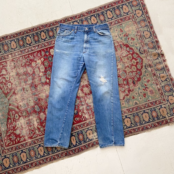 Vintage 1960s Penneys Ranchcraft Straight Leg Jeans - 60s Thrashed Work Jeans - Faded Medium Dark Wash - 33 34 Waist