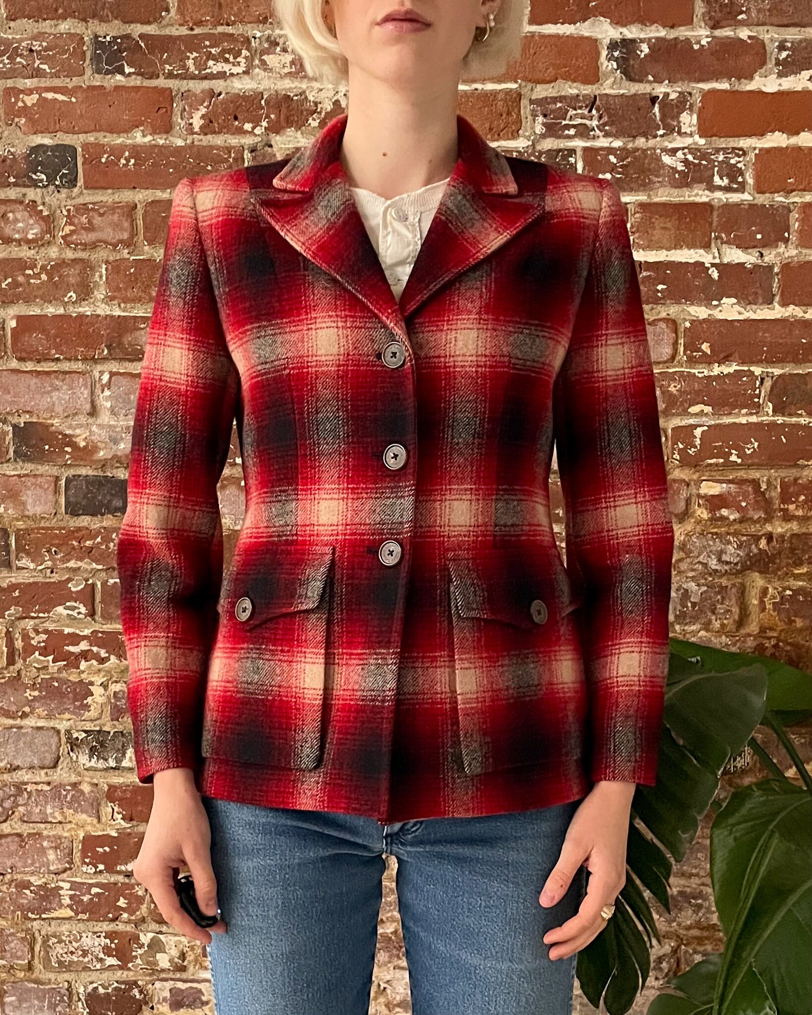 Vintage 90s Ralph Lauren Red Shadow Plaid Wool Blazer - Made in