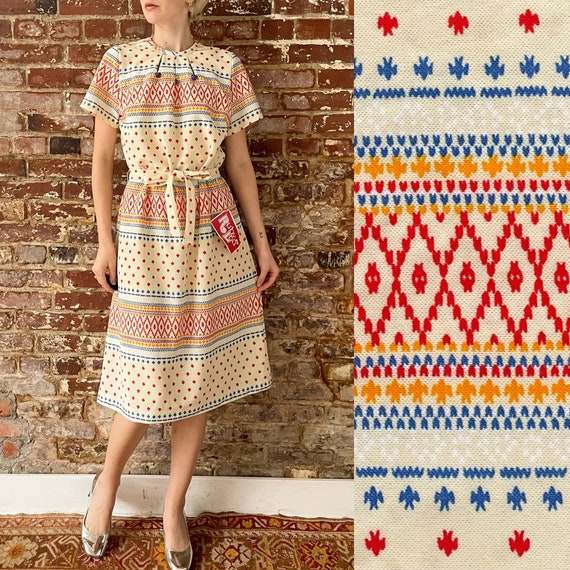 Vintage 70s "Ruby Lou" Fair Isle Print Polyester Jersey Knit Dress - Deadstock  - Large