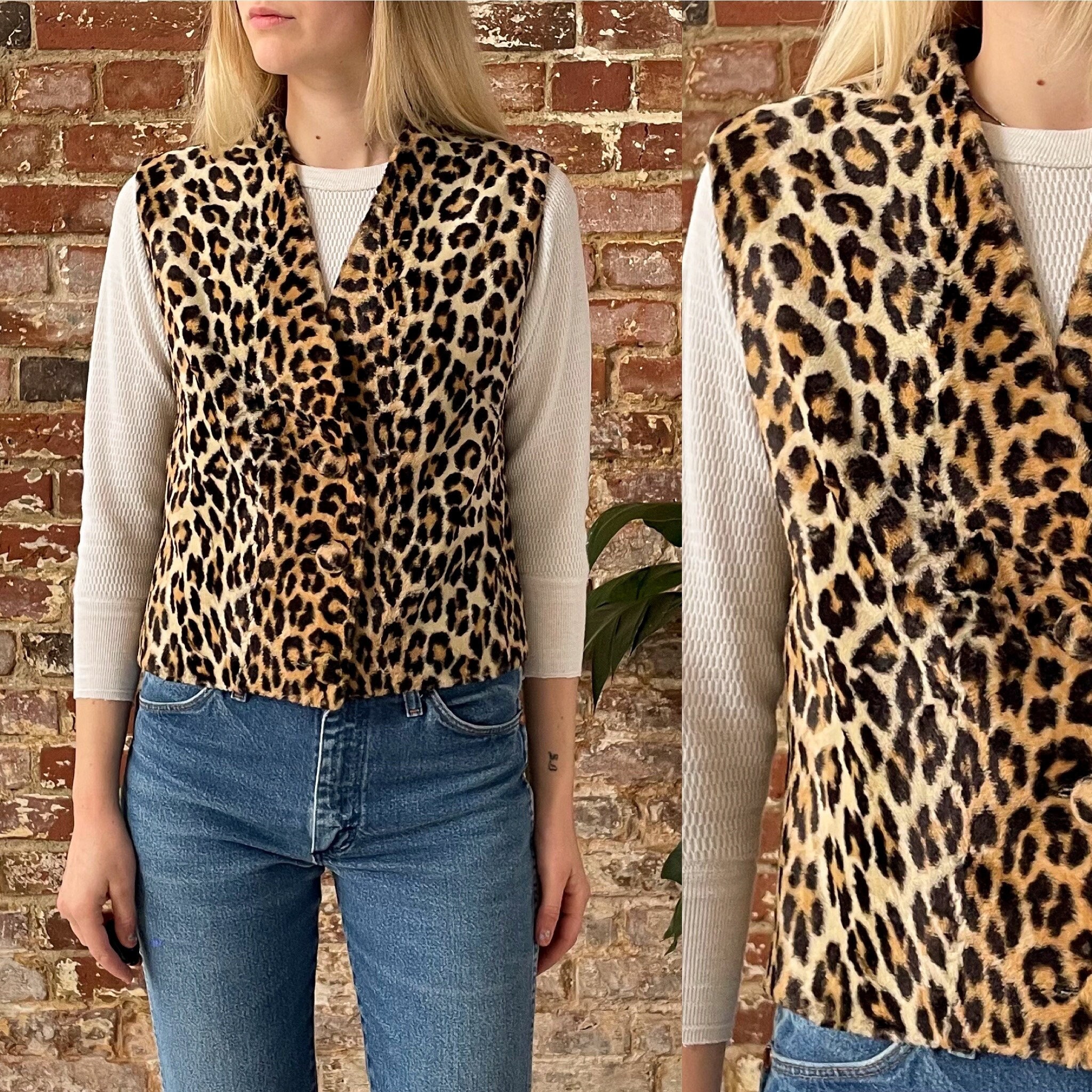 Vintage 1950s/1960s Cheetah Print Faux Fur Vest - 50s/60s Fun Fur Leopard Print Vest - Mod Cropped Cheetah Vest - Emily Wetherby - Medium