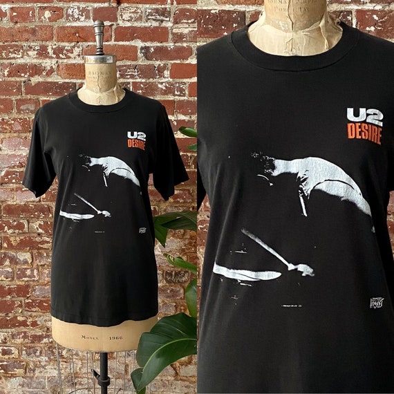 Vintage 1988 U2 Desire Album Promo T-Shirt - 80s U2 Desire Tee - Single Stitch Cotton - 80s Band Tee - Small Mens Long