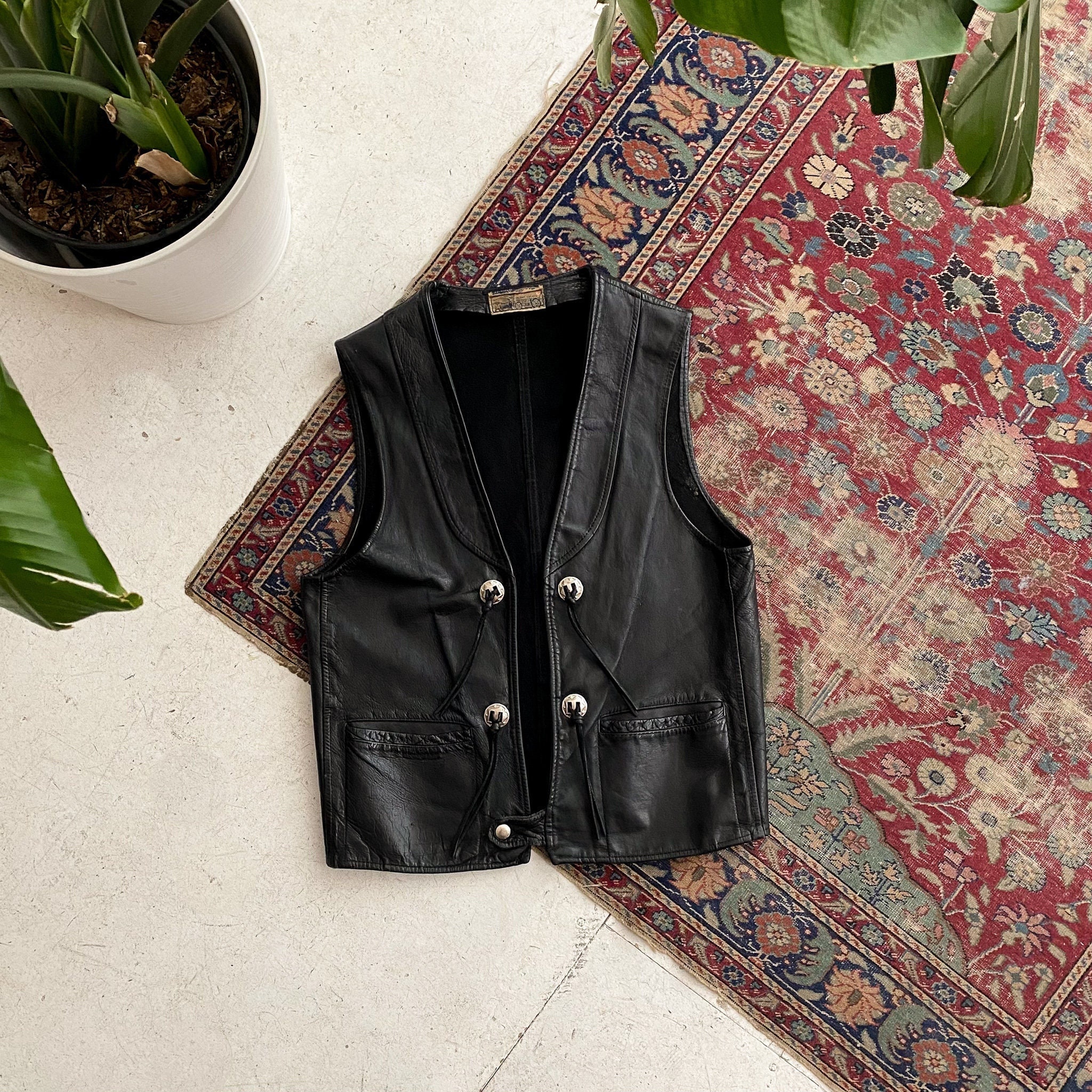 Vintage 1960s Black Leather Concho Western Biker Vest - 60s Vintage 1960s Black Leather Concho Western Biker Vest - 60s