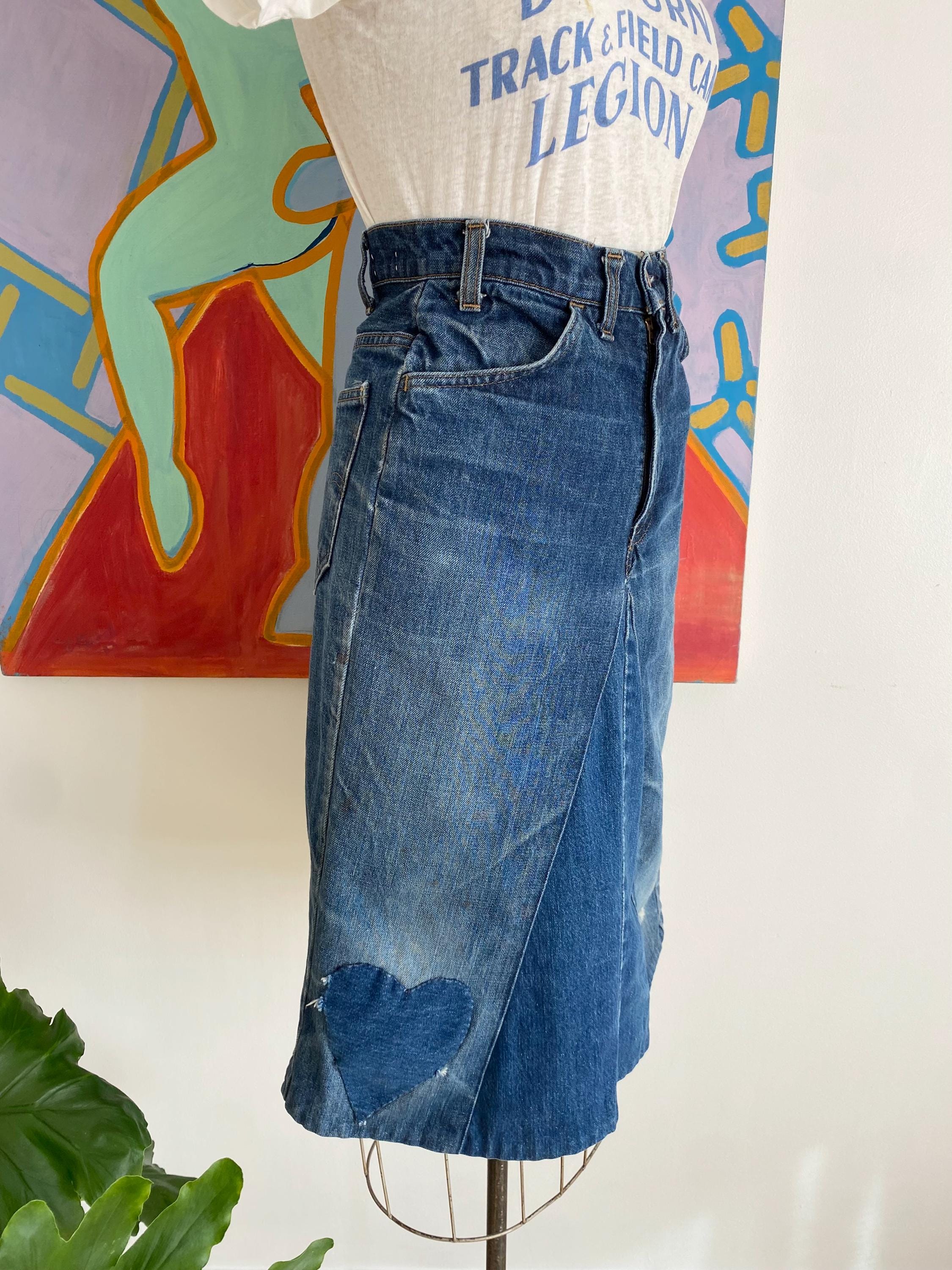 Vintage 70s Levis Orange Tab Patchwork Denim Skirt - Small Medium