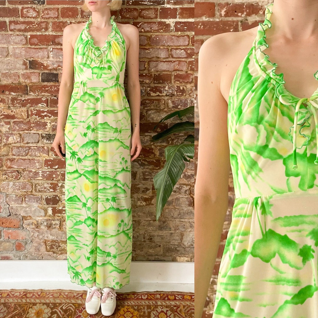 Vintage 1970s Lime Green Palm Tree Print Hawaiian Halter Dress - 70s ...