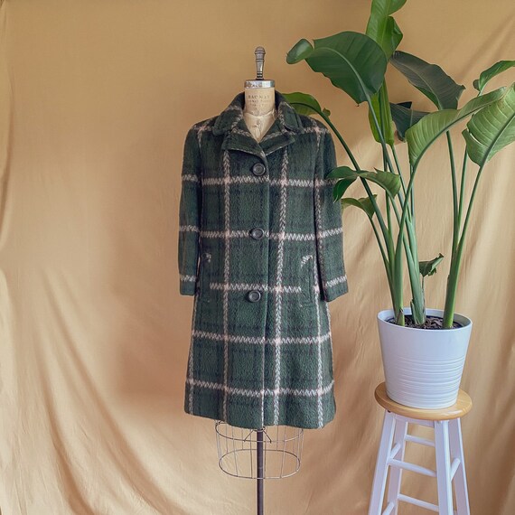 Vintage 1960s Green Plaid Mohair Coat - 60s Mohair
