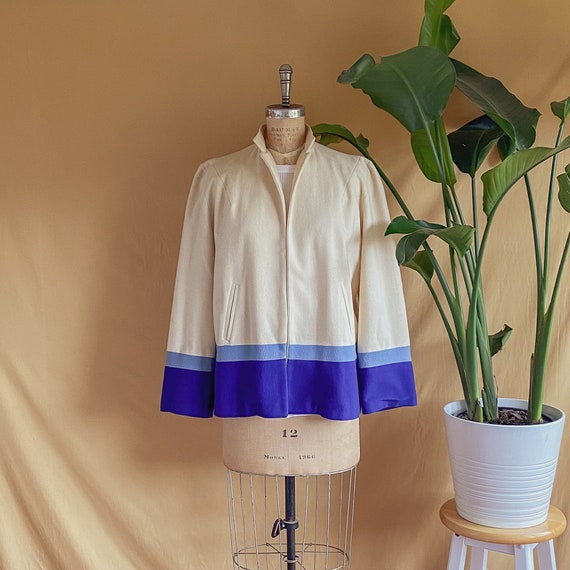 Vintage 1960s Blue Stripe Cream Wool Open Jacket -