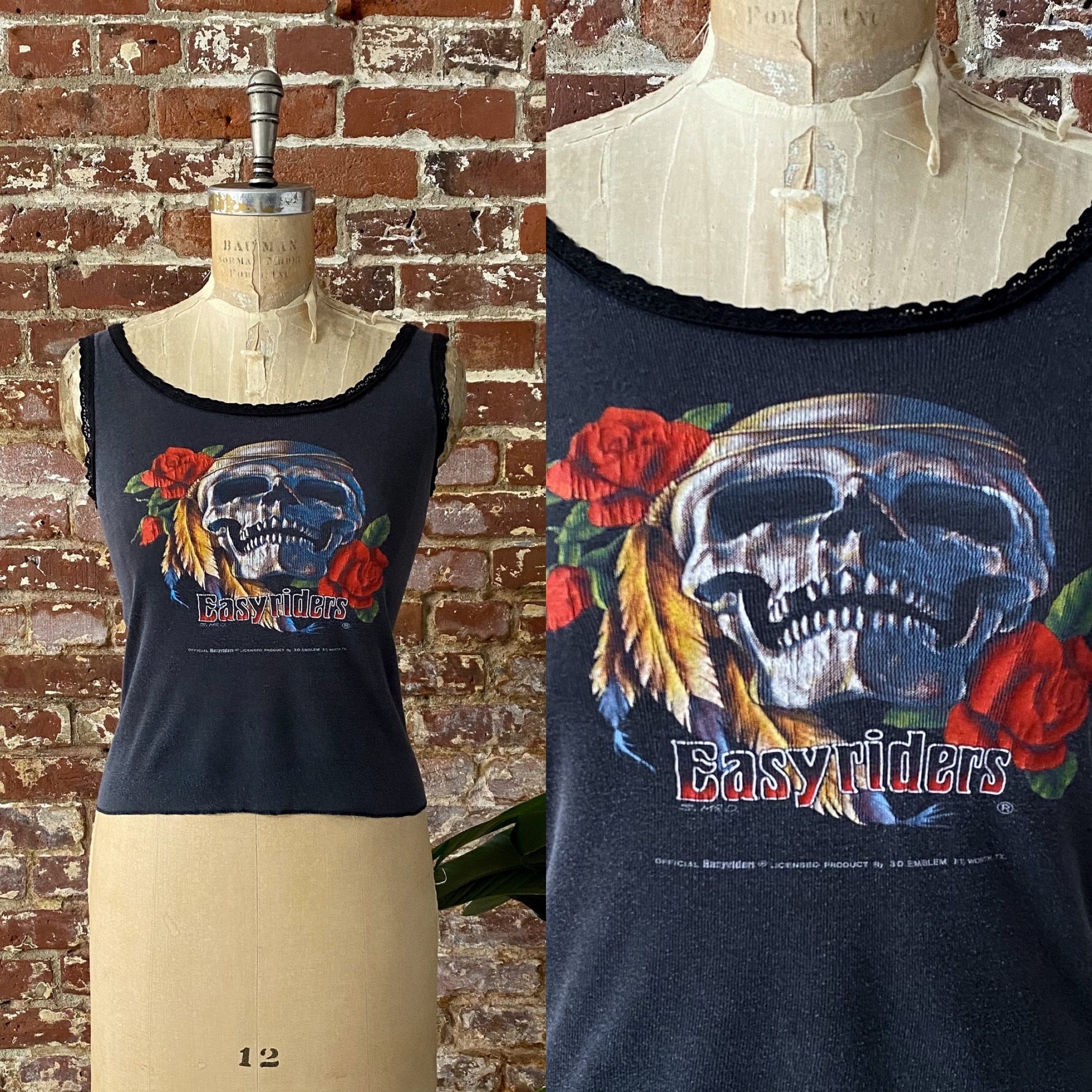 Vintage 1980s 3D Emblem Easyriders Skull Ribbed Lace Trim Tank