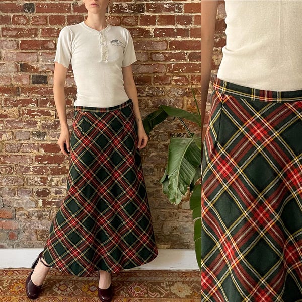 Vintage Asymmetrical Plaid Maxi Skirt