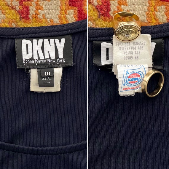 Vintage 1990s DKNY Semi-Sheer Slinky Navy Blue Dr… - image 9