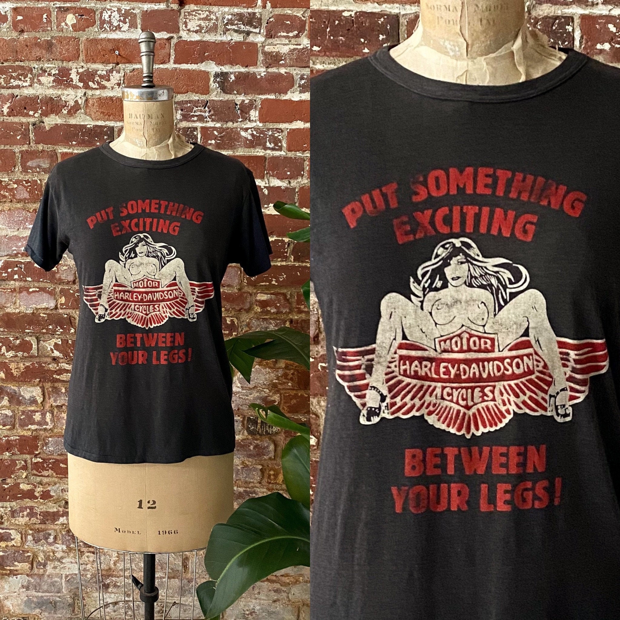 Vintage 1980s Put Something Exciting Between Your Legs Harley Davidson T- Shirt 80s Single Stitch 50/50 Made in Canada Boxy Medium