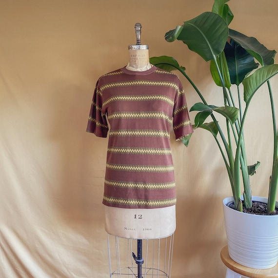 Vintage 1970s Jantzen Brown Striped T-Shirt - 70s