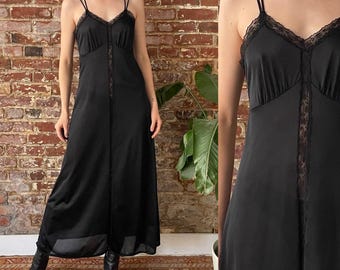 Vintage 80s Black Lace Cutout Maxi Slip Dress - Small