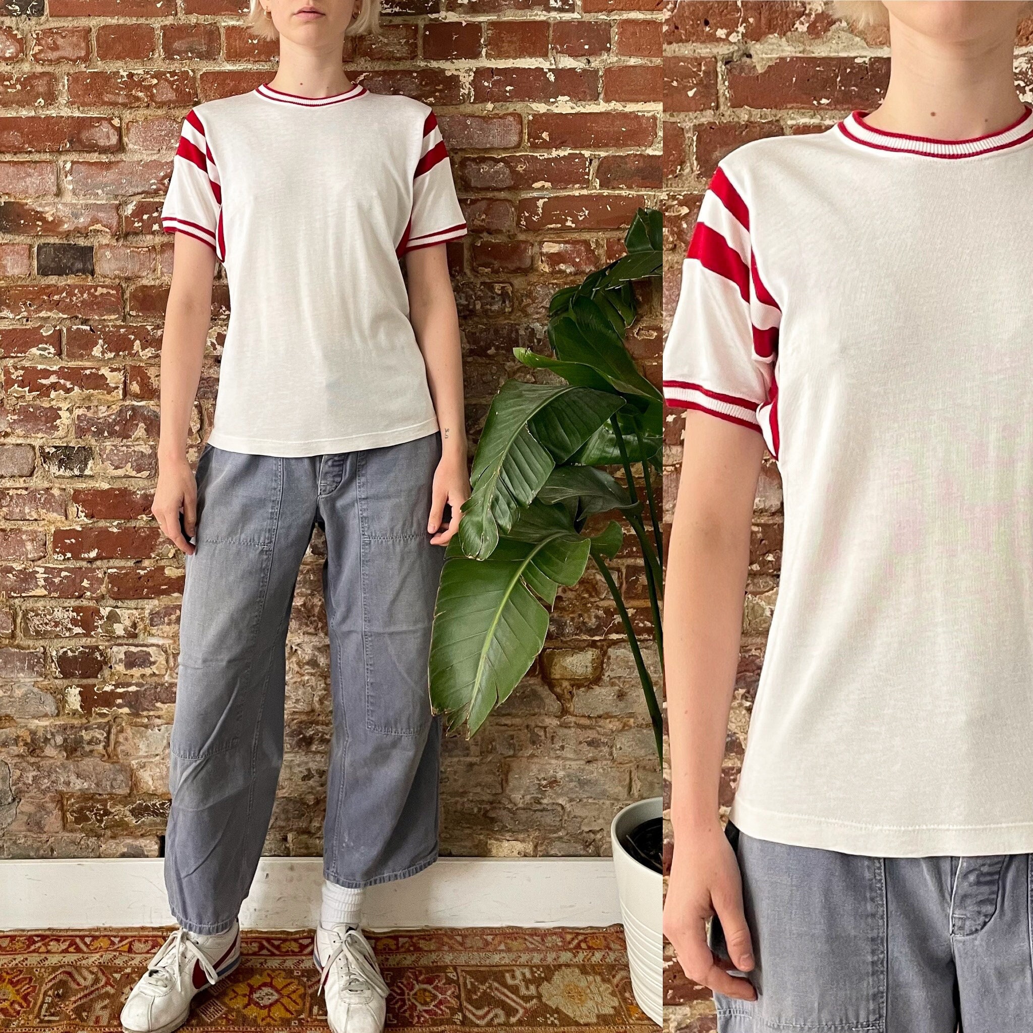 Vintage 1960s White & Red Stripe Rayon Jersey 60s Rayon 