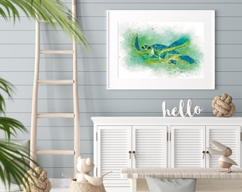 Sea Turtle Digital Art, Nursery Decor, Ocean animal, Tropical Printable Art, Baby Wall Art