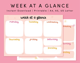 Printable Weekly At A Glance | Printable Weekly Plan | A4, A5 & US Letter | Printable Weekly To Do List | Pink Handdrawn Printable Planner