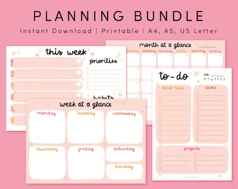 May include: A printable planning bundle with four pink sheets featuring a weekly planner, a monthly planner, a to-do list, and a habit tracker. The sheets are decorated with gold stars and the text "this week", "priorities", "habits", "week at a glance", "month at a glance", "to-do", "quick ticks", "tasks", "projects", "monday", "tuesday", "wednesday", "thursday", "friday", "saturday", "sunday", and "date: M T W T F S S".