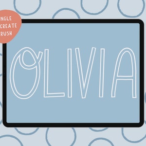 May include: A digital illustration of the name "Olivia" written in a white outline font on a light blue background. The image is displayed on a tablet screen with a white stylus next to it.