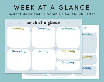 Printable Weekly At A Glance | Printable Weekly Plan | A4, A5 & US Letter | Printable Weekly To Do List | Blue Handdrawn Printable Planner