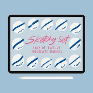May include: A digital illustration of 12 Procreate brushes, each with a unique name and a blue brush stroke. The names are: Maddie, Aria, Luna, Cora, Ally, Ziggy, Juno, Molly, Brit, Effie, Ray, and Franz. The text "Sketchy Set" and "Pack of Twelve Procreate Brushes" are also included.