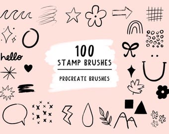 May include: A collection of 100 stamp brushes for Procreate, featuring various hand-drawn elements. Includes stars, flowers, arrows, hearts, and the word "hello". The design is in black on a light pink background.