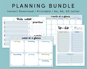 Undated Printable Planning Bundle | Printable Planners | A4, A5 & US Letter | Printable Daily, Weekly and Monthly Planner Templates | Blue