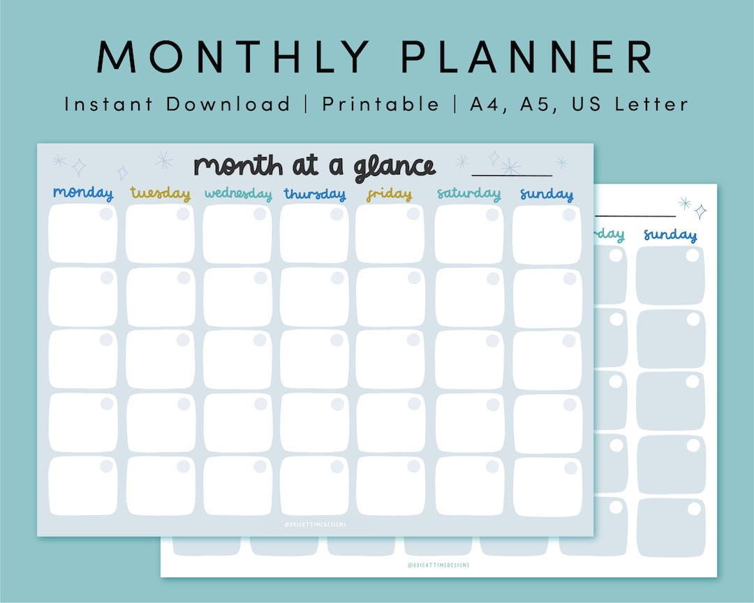 Undated Monthly Planner | Printable Planner | A4, A5 & US Letter ...
