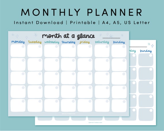 Undated Monthly Planner Printable Planner A4 A5 & US | Etsy