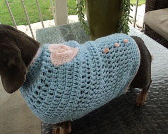 Dog sweater Pink hearts in a baby blue