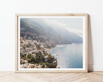 Fotografieafdruk Amalfikust: mistige ochtend, zeegezicht van Italië (digitale download)