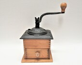 Vintage Coffee Mill, Crank Handle Grinder, Manual Open Bowl Cast Iron Dovetail Wood, Farmhouse Decor, 11 quot tall with 6 quot x6 quot Base