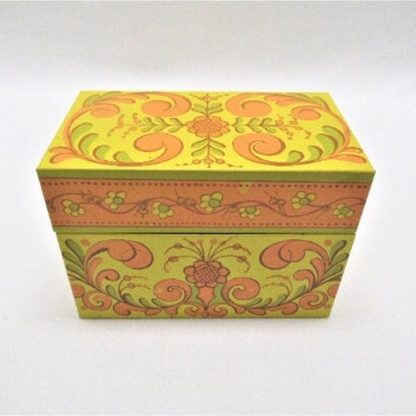 Vintage Avon Tin Recipe Box, 1970s ..."Recipe Treasures" Gold and Orange Retro Kitchen Card Holder, 5x3x3.5