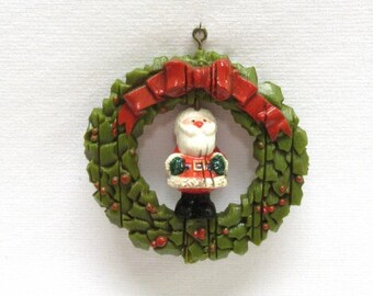 Vintage 1970s Twirl About Hallmark Santa in Wreath Ornament, Spinning Revolving Christmas Tree Decor, 3" tall