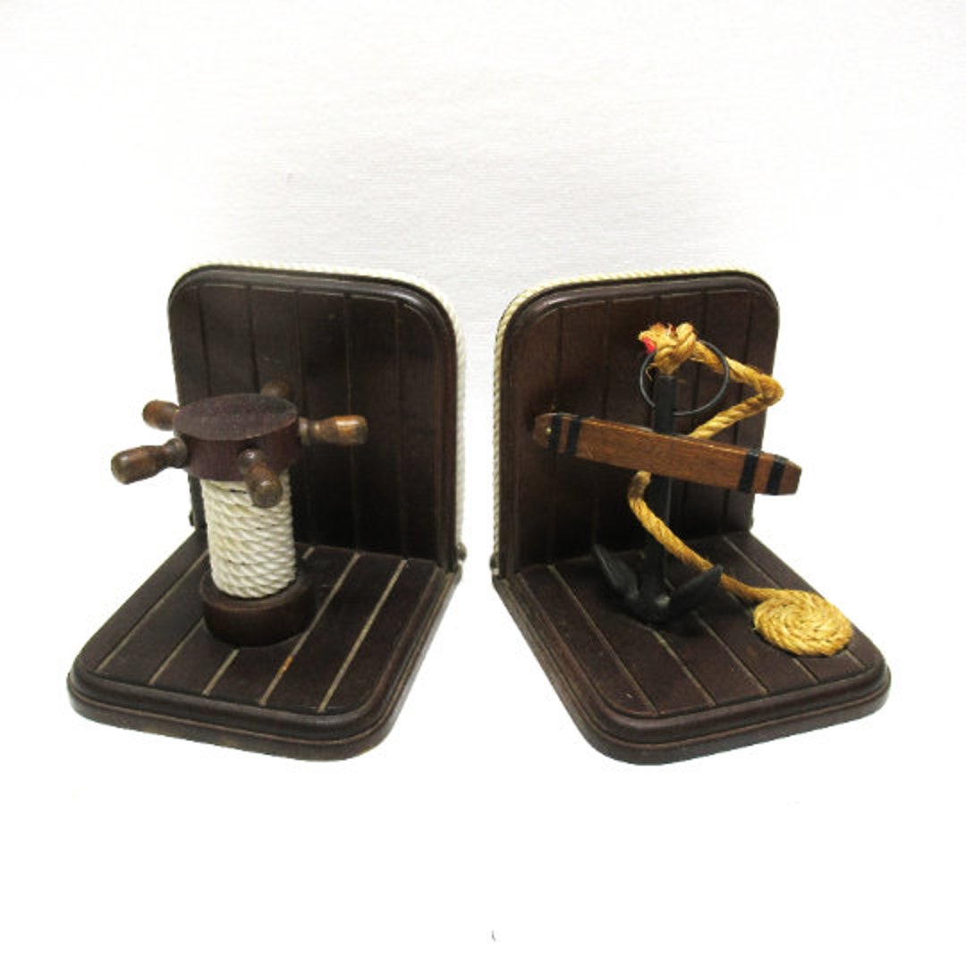Vintage Wooden Nautical Bookends With Rope Trim and Iron Anchor, Mid ...